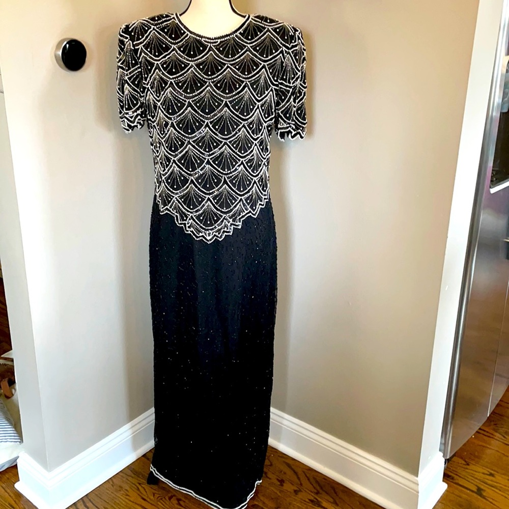 Laurence Kazar sequin pearl dress 100% silk maxi